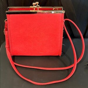 Vintage Red Structured Handbag with Gold Clasp